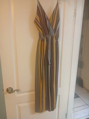 Rue21 Striped V-Neck Jumpsuit in Mustard, Brown & Blue
